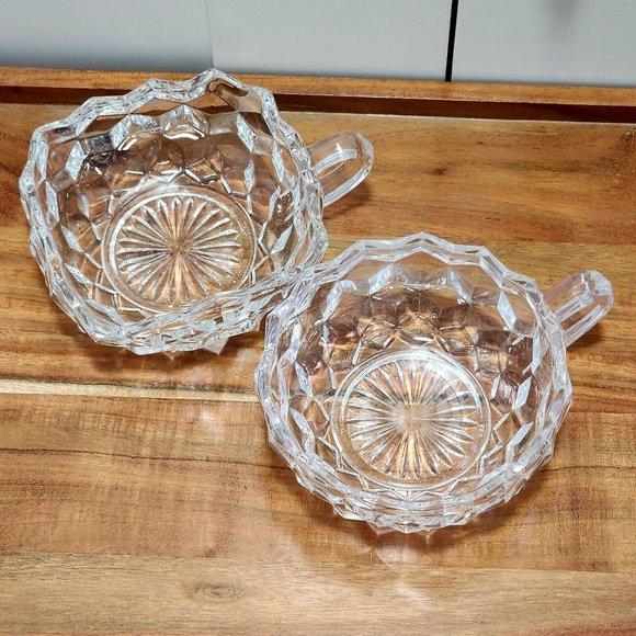 2 Fostoria American Cubist Glass Bowl 4.5" Round Dish + Square Nappy handled 80s - Picture 3 of 11
